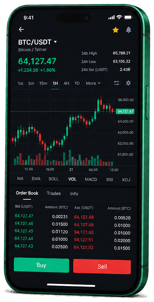Mobiele handelsinterface van Nordlys AI — live BTC/USDT-grafiek met orderboek en functies voor kopen en verkopen